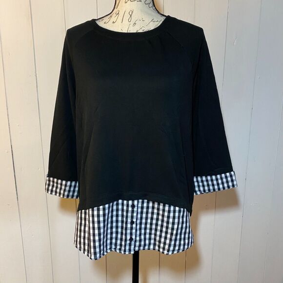 Apt. 9 Three-Quarter Sleeve Black Top with Gingham Detail (Size Large) - Picture 1 of 5
